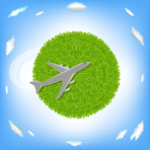 Groene planeet en vliegtuig — Stockvector