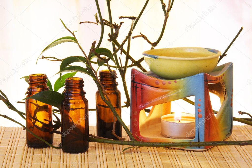 Oil Bowl Burner and Bottles Aromatherapy Still Life