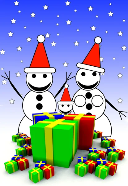 Snowman família e presentes — Fotografia de Stock