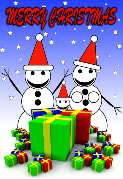 Sněhulák rodina a dárky — Stock fotografie