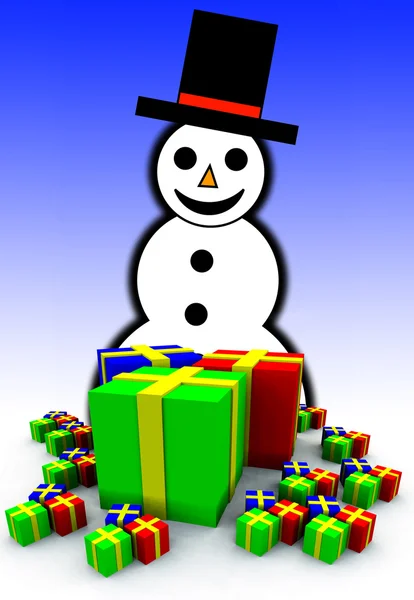 Pupazzo di neve e regalo avvolto regali — Foto Stock