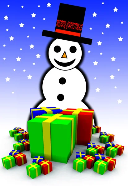 Снеговик и подарки в подарочной упаковке — стоковое фото