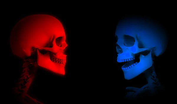 Red Blue Skeleton Heads Looking Each Other — Stock Photo, Image