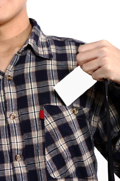Uomo Che Mette Una Carta Bianca Tasca Vicino — Foto Stock