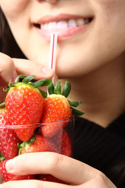 Concept Photo Girl Drinking Fresh Stawberry Juice — Stock Photo, Image