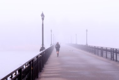 Landscape with lonely lady crossing a bridge in the misty morning clipart