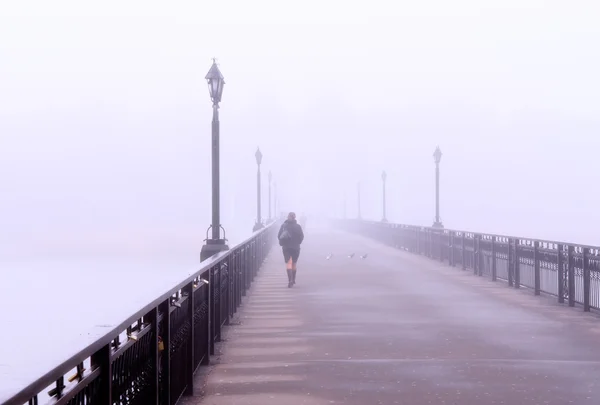 Landscape Lonely Lady Crossing Bridge Misty Morning — Stock Photo, Image