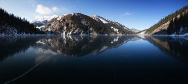 Pano of frozen middle Kolsay lake in Tien-Shan mountains, Kazkahstan clipart