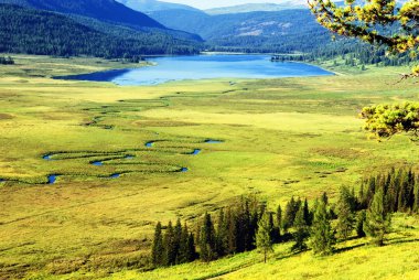 Curved river on meadow and mountain lake clipart