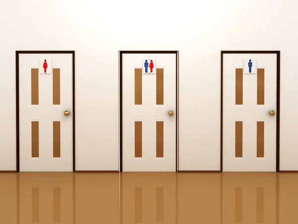 Três portas com sinais para masculino, feminino e total — Fotografia de Stock