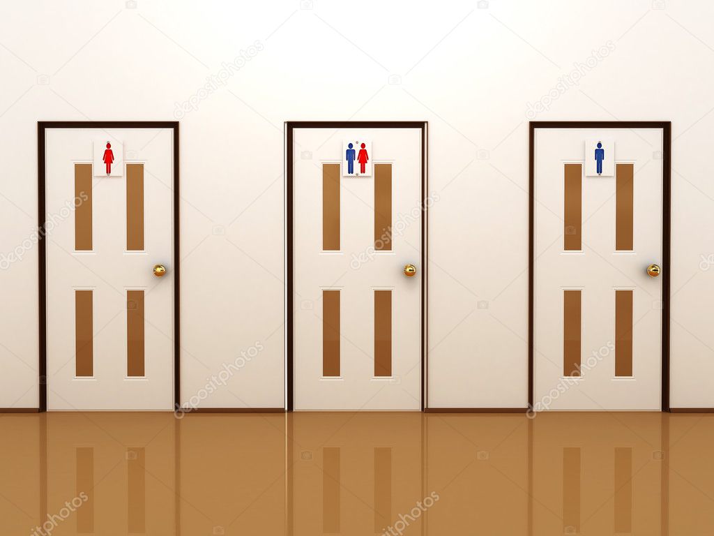 Three doors with signs for male, female and total