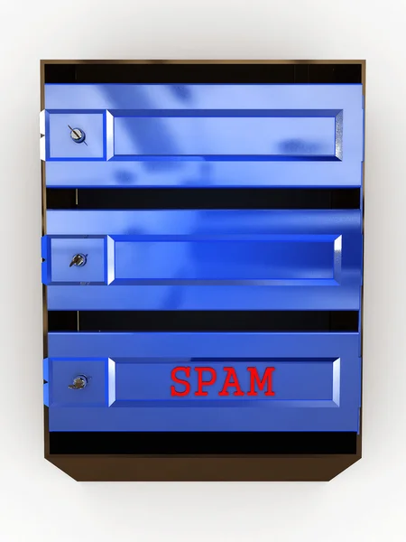 Caixas de correio com chaves e spam no fundo branco — Fotografia de Stock