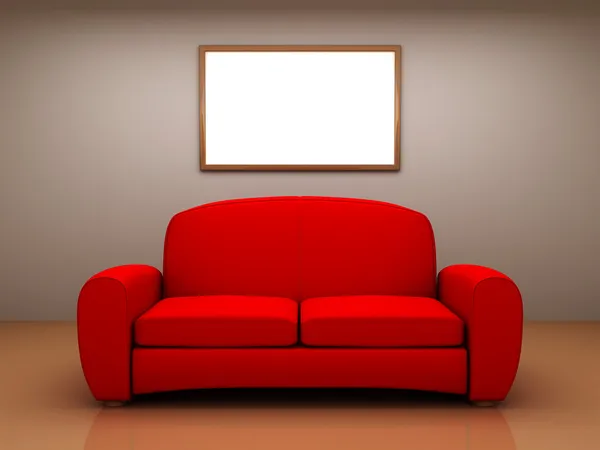 Sofá rojo en una habitación con una imagen en blanco — Foto de Stock
