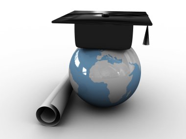 Master's cap for graduates in the globe. 3D clipart