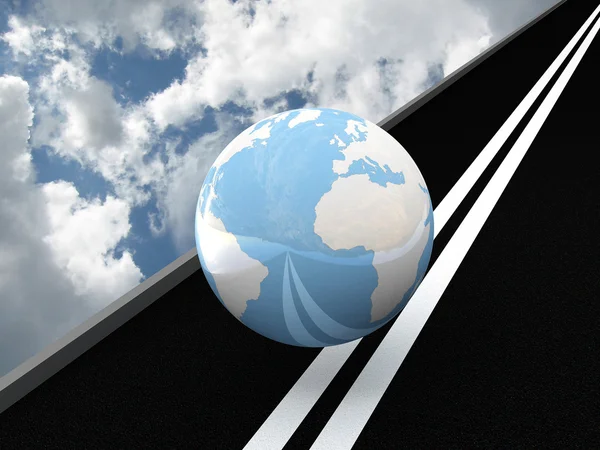 Planet Earth on the asphalt against the sky. 3D — Stock Photo, Image