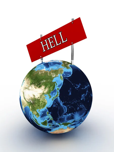 Planetjorden med ett tecken helvete på vit bakgrund — Stockfoto