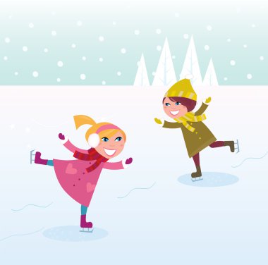 Kış: buz pateni küçük kız ve erkek