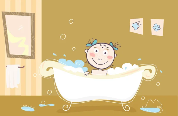 La bambina si sta facendo il bagno nella vasca da bagno — Vettoriale Stock