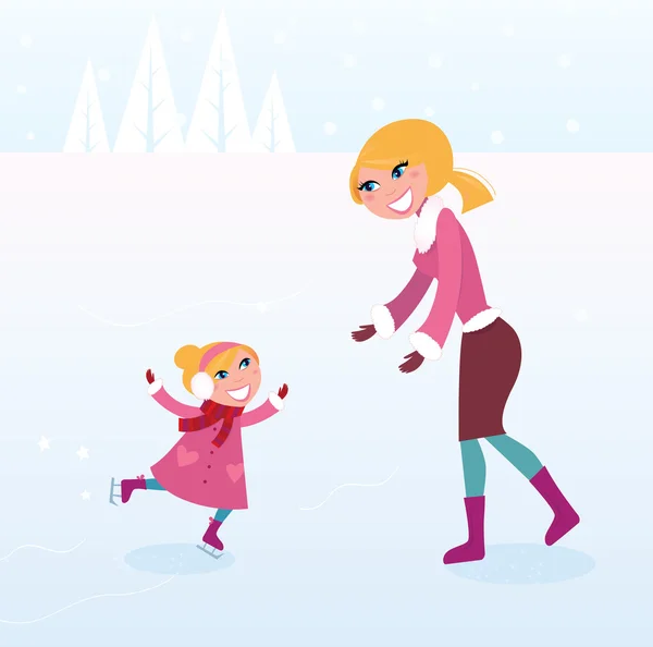 圣诞节滑冰: 母亲和女儿在冰上 — 图库矢量图片