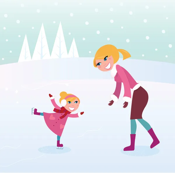 Ice skating girl with her mother on sport stadium — Stock Vector