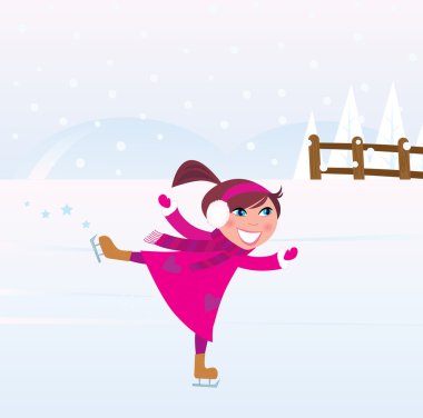 Ice skating little Girl training figure on frozen lake clipart