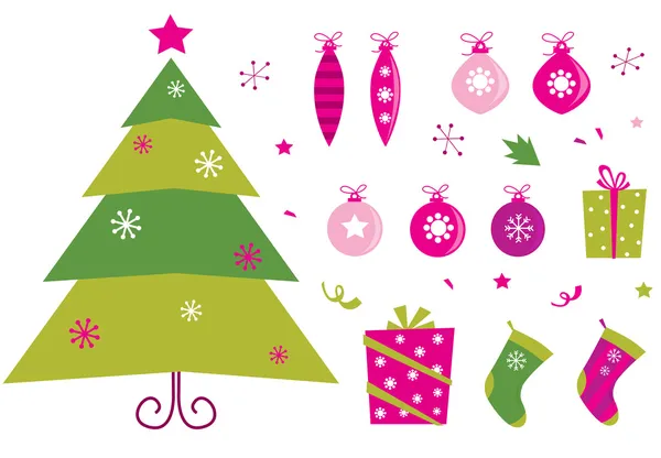 Roze en groene retro Kerst iconen en elementen — Stockvector