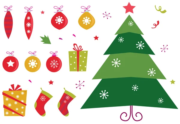 Ensemble d'icônes et d'éléments de Noël rétro - rouge, jaune et vert — Image vectorielle