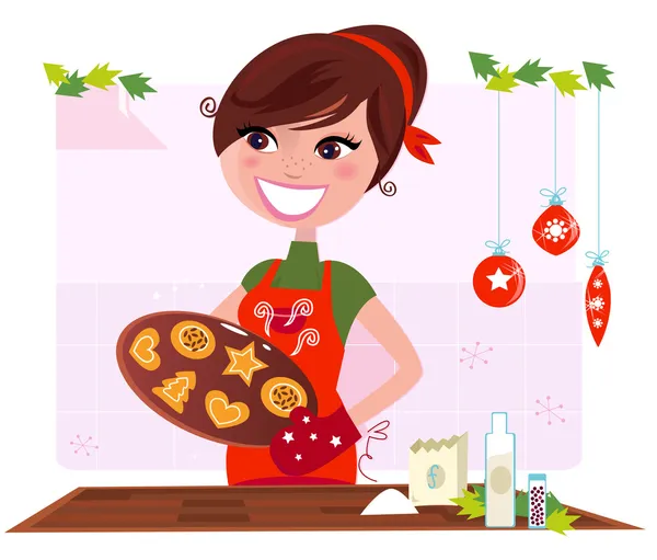 秘密のレシピ: クリスマスのクッキーを準備する女性 — ストックベクタ