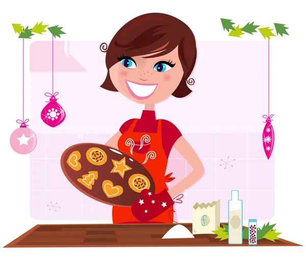 Kochende Mutter bereitet in Küche Weihnachtsplätzchen zu — Stockvektor