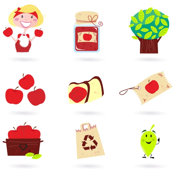 Natureza e outono: conjunto de ícones de maçã (verde e vermelho  ) — Vetor de Stock