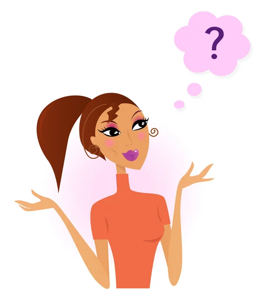 Confused Woman with question in think bubble — Stock Vector