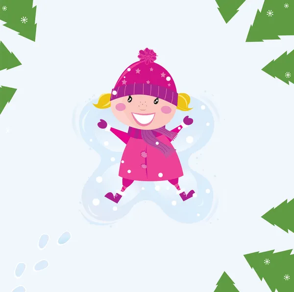雪の中で幸せの天使の女の子 — ストックベクタ