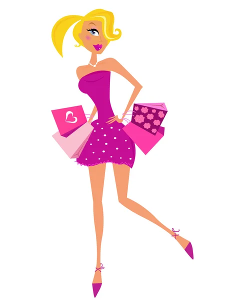 Romance mulher de compras em rosa com sacos — Vetor de Stock