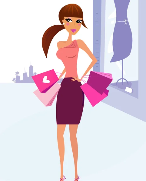 Kvinna shopping i staden med boutique visas i bakgrunden — Stock vektor
