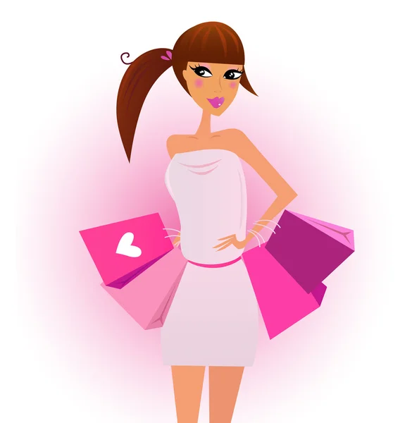 Comprador - menina de compras com sacos de compras rosa — Vetor de Stock