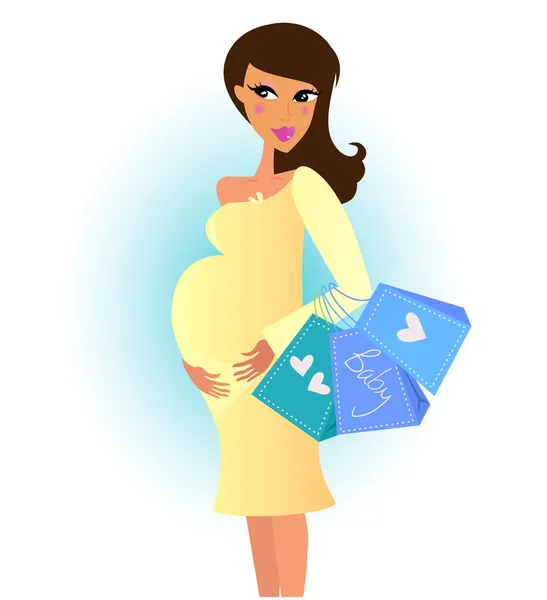 아름다운 임신부가 갓 태어난 아기를 찾아 쇼핑하고 있다 — 스톡 벡터