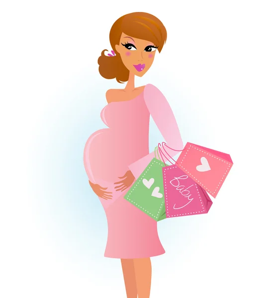 Compras de mãe - mulher grávida com sacos de compras isolados em branco —  Vetores de Stock