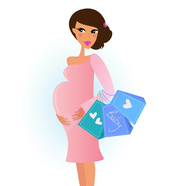 Una donna incinta alla moda in rosa con borse della spesa — Vettoriale Stock