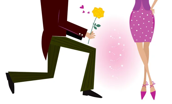 Valentijn paar: man op knie geeft vrouw rose — Stockvector