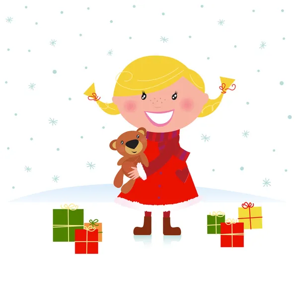 Feliz inverno criança loira com ursinho de pelúcia e presentes de Natal — Vetor de Stock