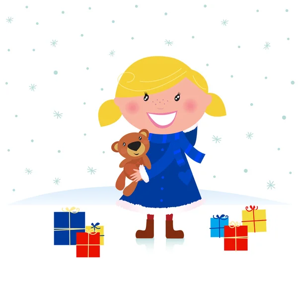 Mutlu kış sarışın çocuk ve Noel hediye — Stok Vektör
