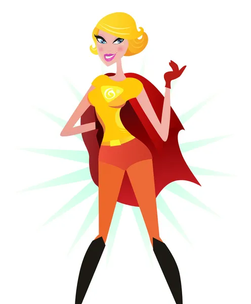 Blond Super woman in red costume (superhero) — Stock Vector
