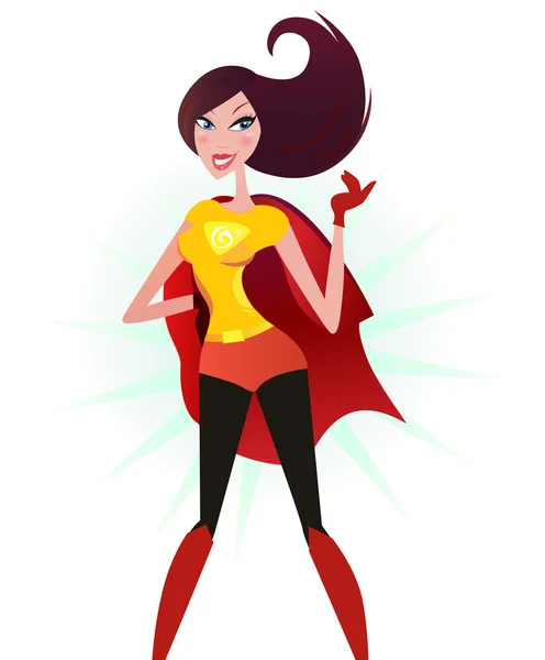 Kumral süper kadın kırmızı kostüm (süper kahraman) — Stok Vektör