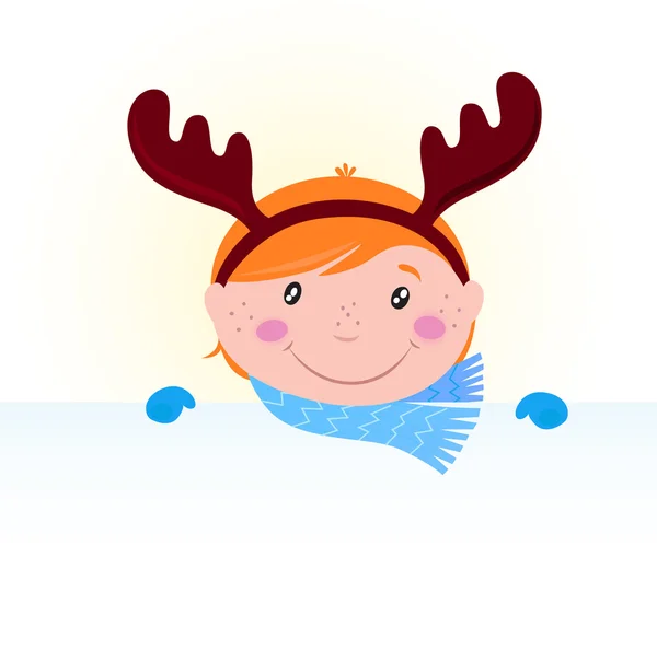 Cute Christmas kid in reindeer costume with blank banner /sign — Stock Vector