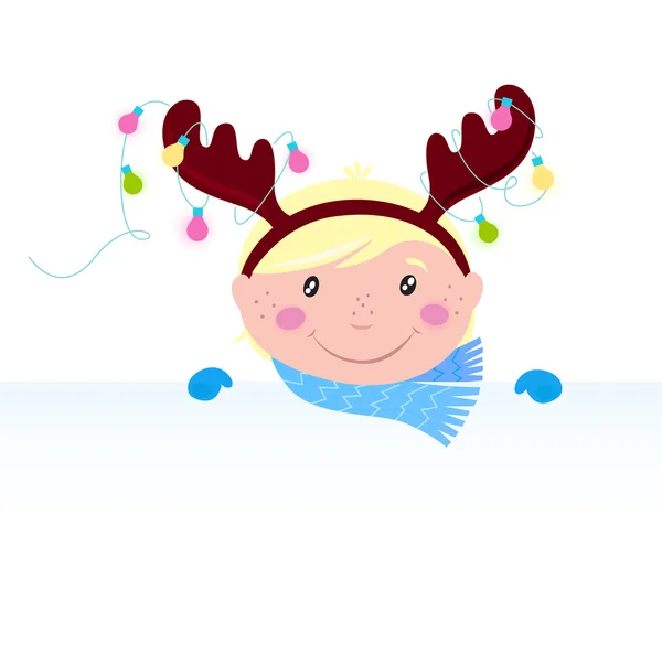 Cute funny Child in reindeer costume with blank banner / sign — Stock Vector