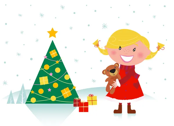 Jolie fille avec arbre de Noël et cadeaux — Image vectorielle