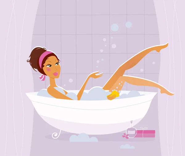 Расслабьтесь время: сексуальная женщина принимает ванну с горячим пузырьком в ванной — стоковый вектор