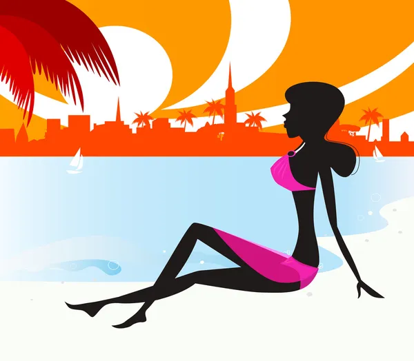 Siyah kadın siluet: kız sahilde rahatlatıcı — Stok Vektör