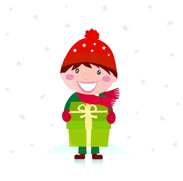 Cute christmas boy with big gift isolated on white — Stock Vector