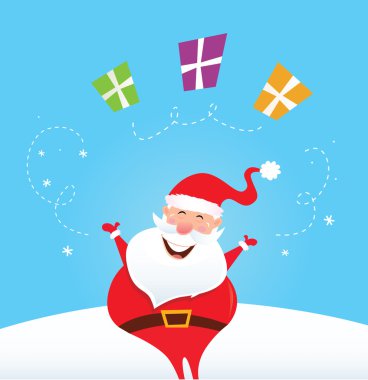 Happy Santa Claus juggling christmas presents clipart